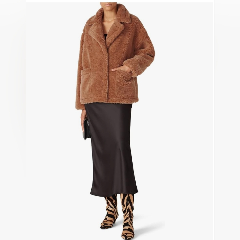 Stand Studio Marina Short Wool Blend Faux Fur Teddy Coat Tan Brown Size 34 (S/M)